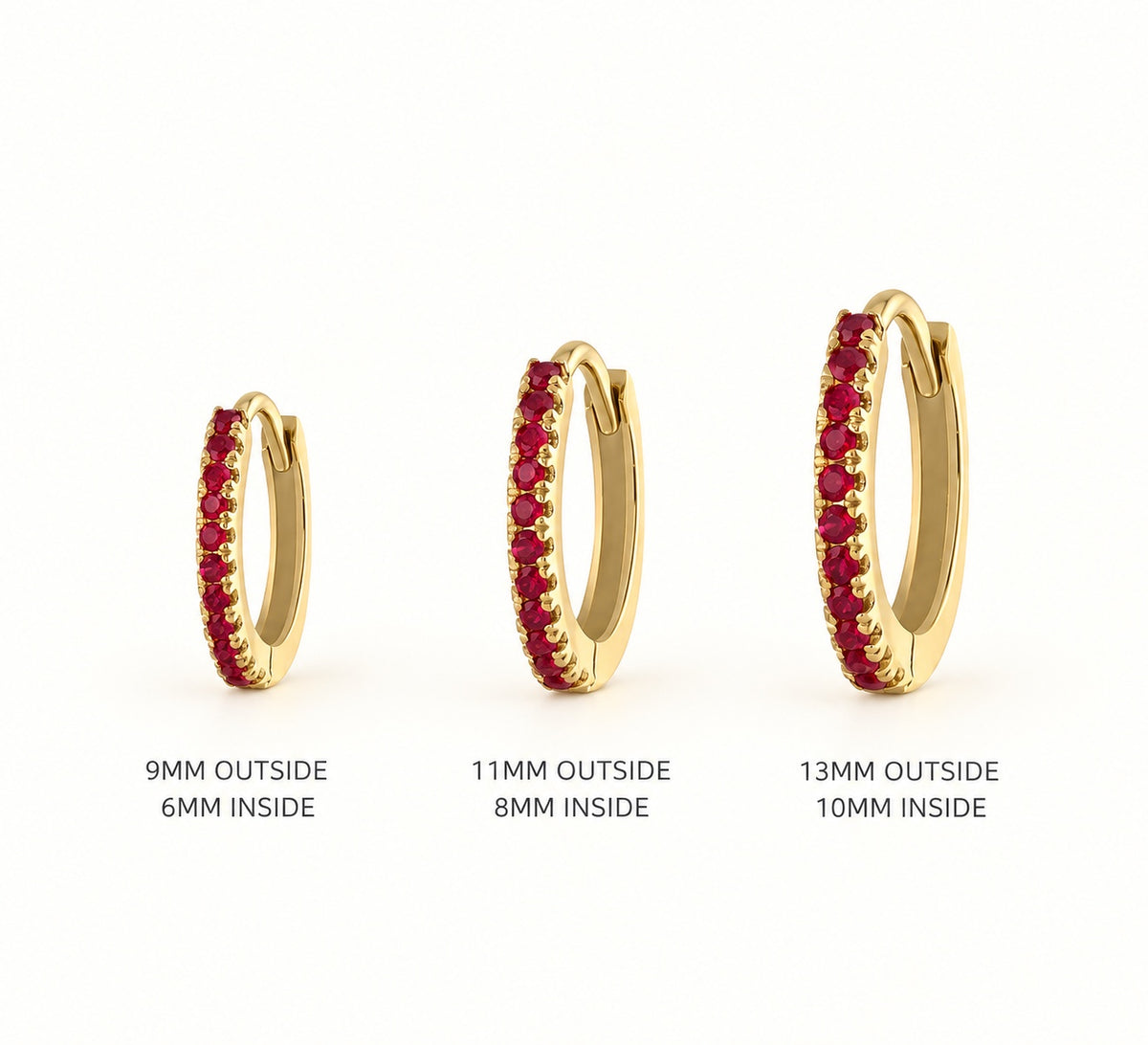 The Sienna Ruby Hoops size guide 9mm 11mm 13mm