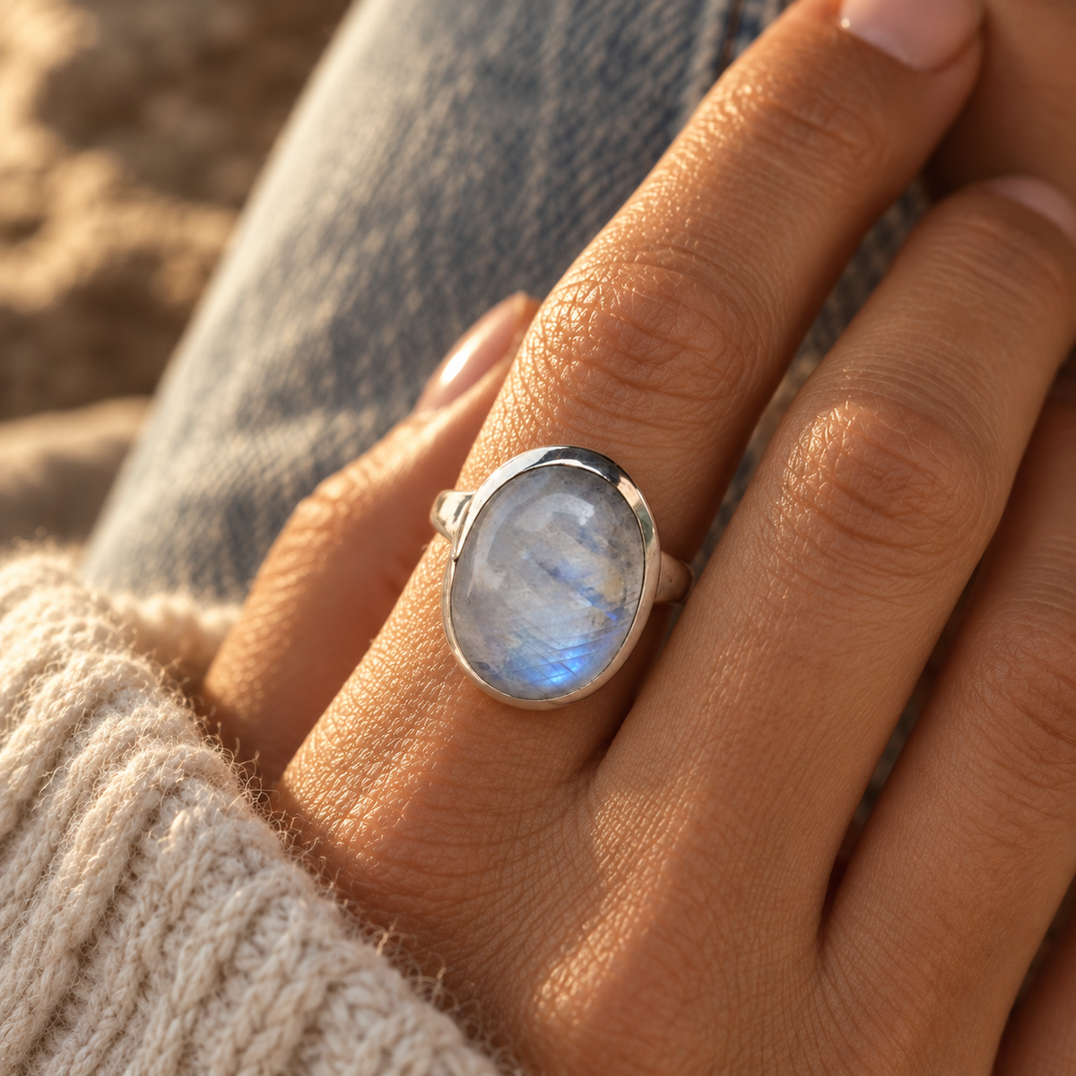Moonveil Rainbow Moonstone Ring – Silver Tone