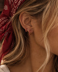 The Sienna Ruby Hoops worn in two sizes