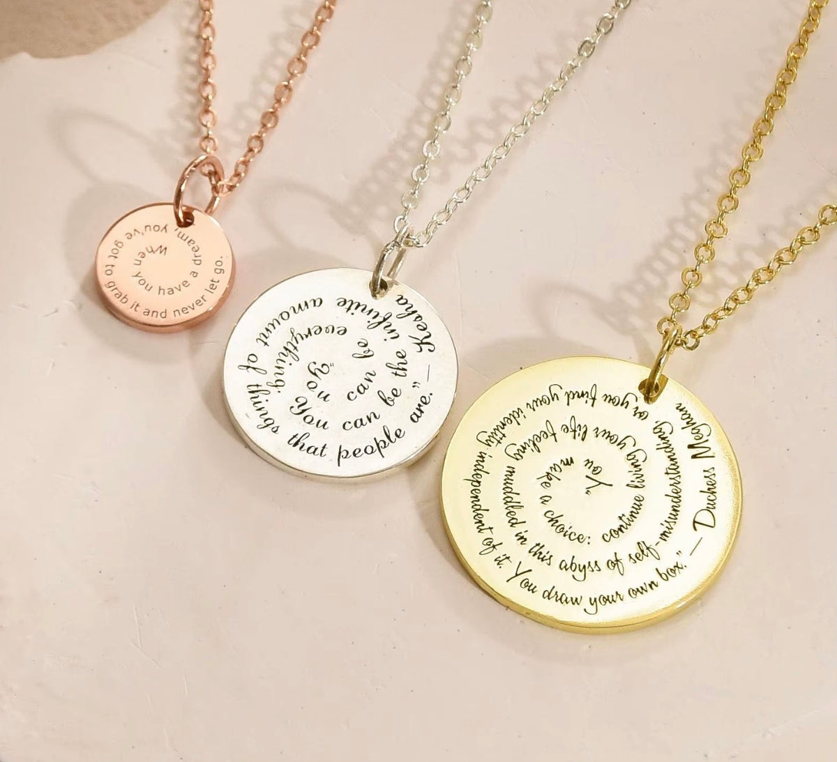 The Marla Spiral Message Necklace – Personalized Engraved Pendant