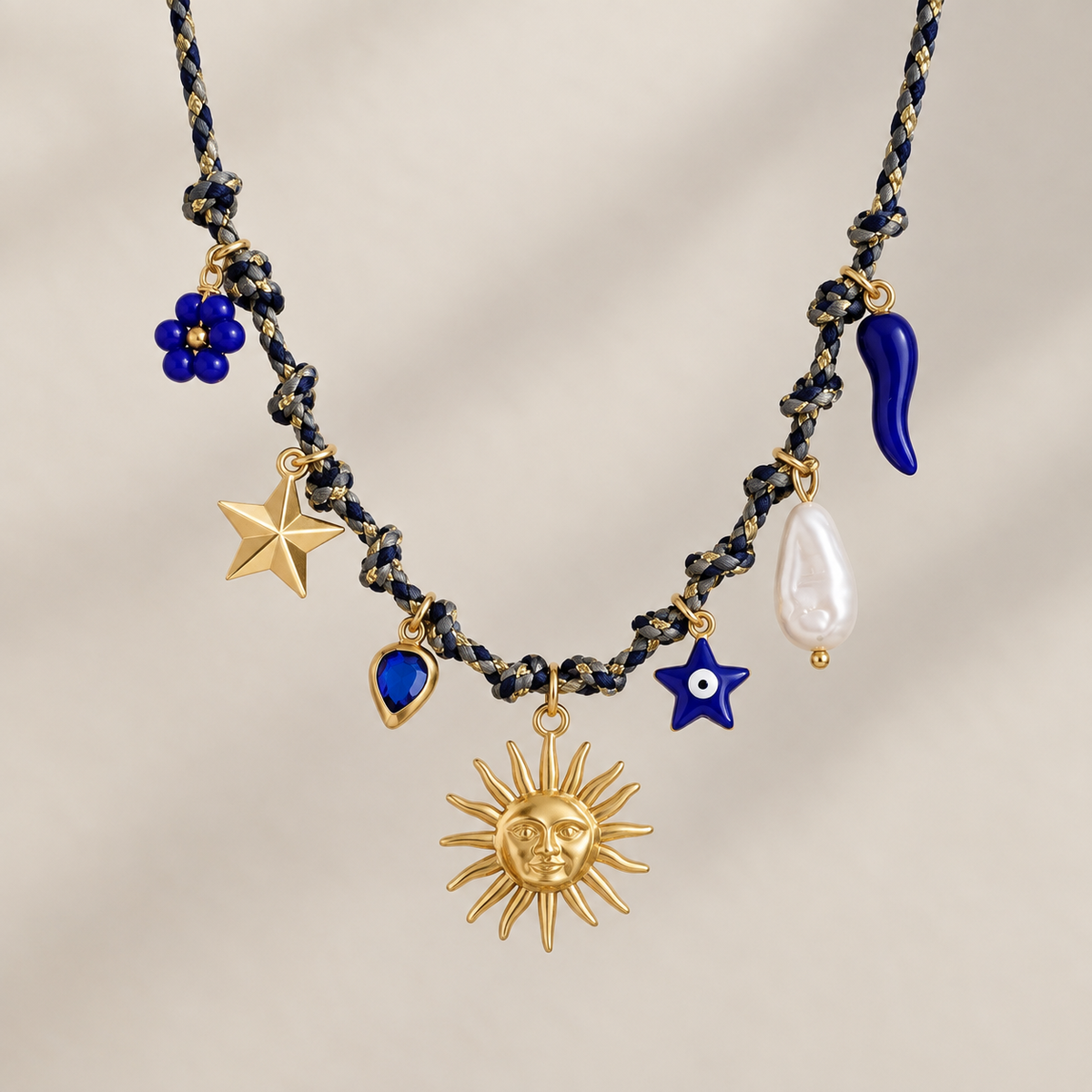 The Midnight Sun Charm Necklace – Navy & Gold