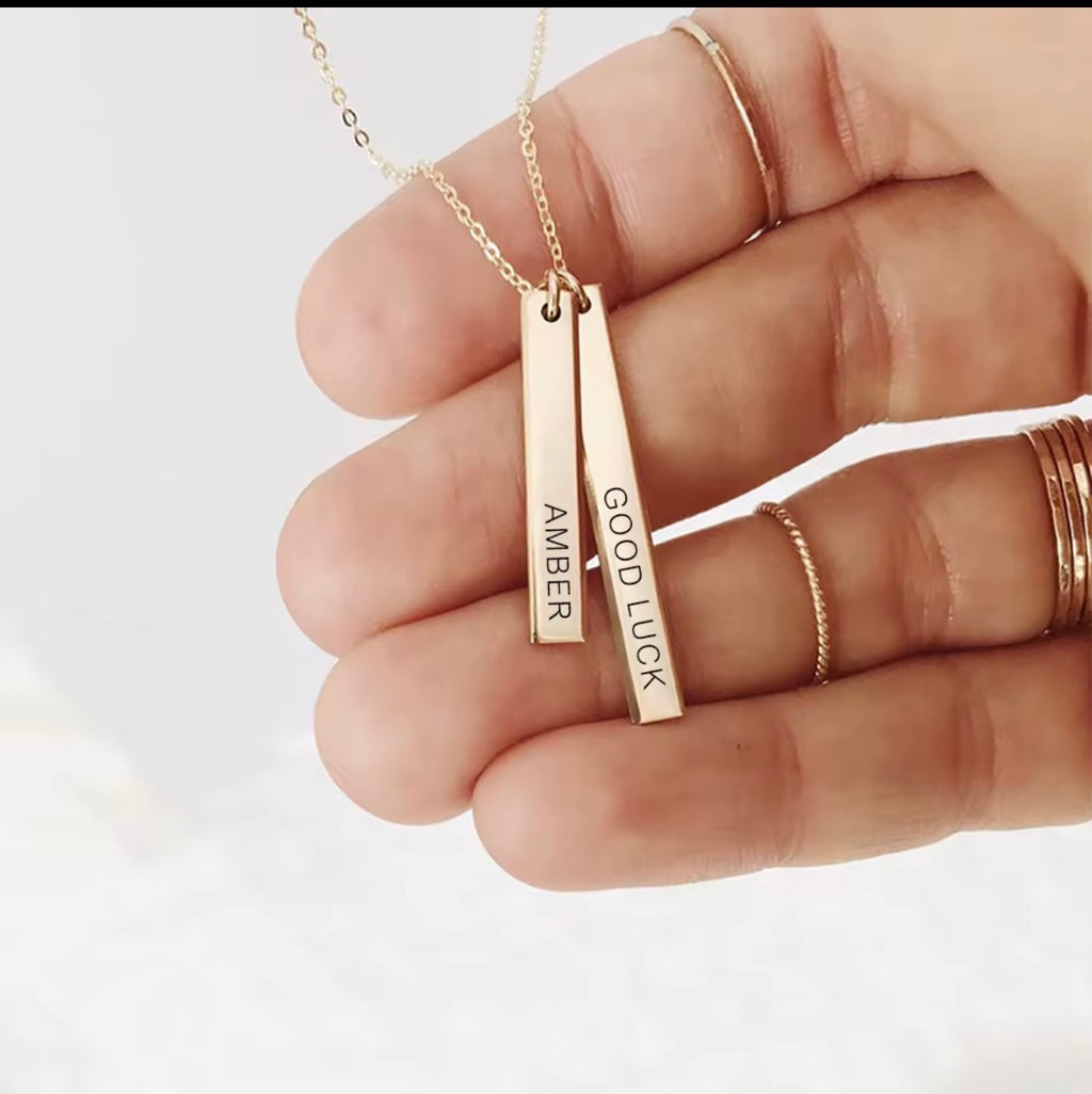 Personalized engraved bar necklace with two vertical pendants in gold finish