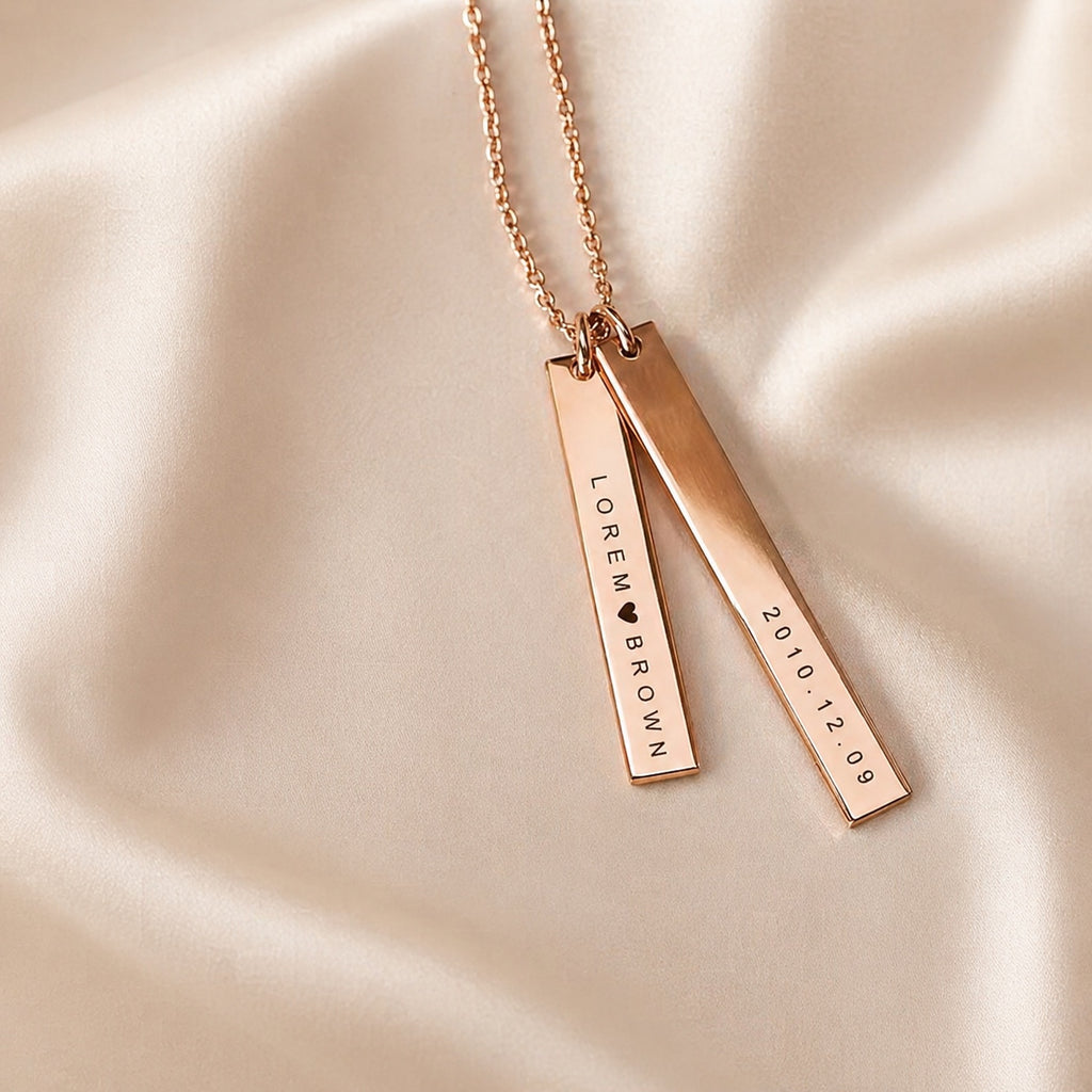 Personalized engraved bar necklace with two vertical pendants on satin