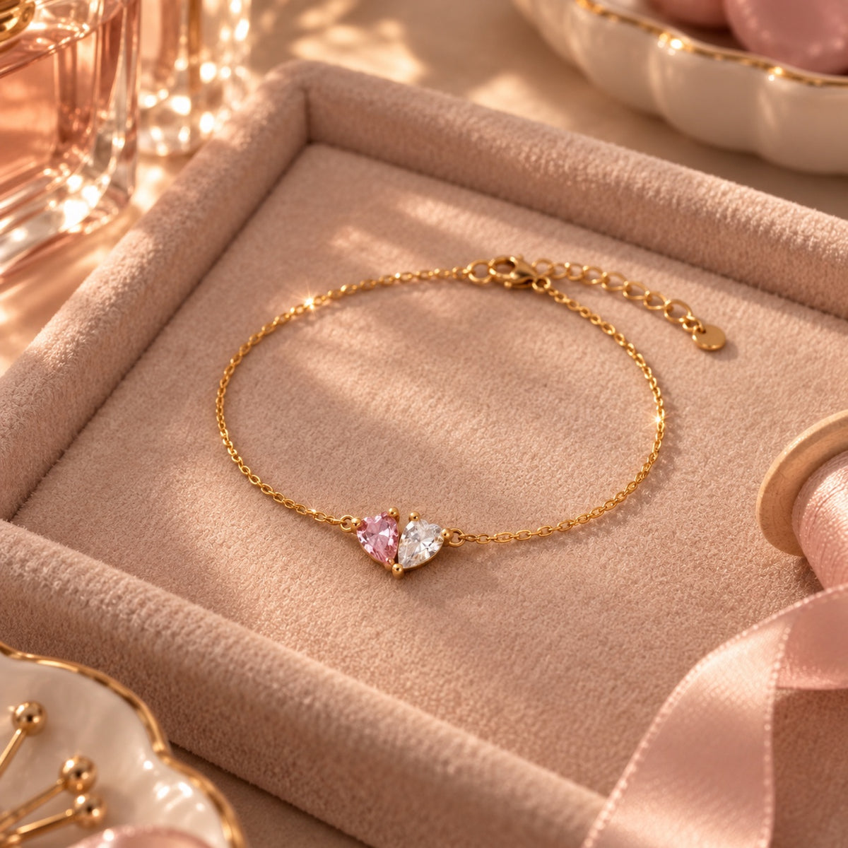 Bracelet Amélie présenté sur plateau en velours rose
