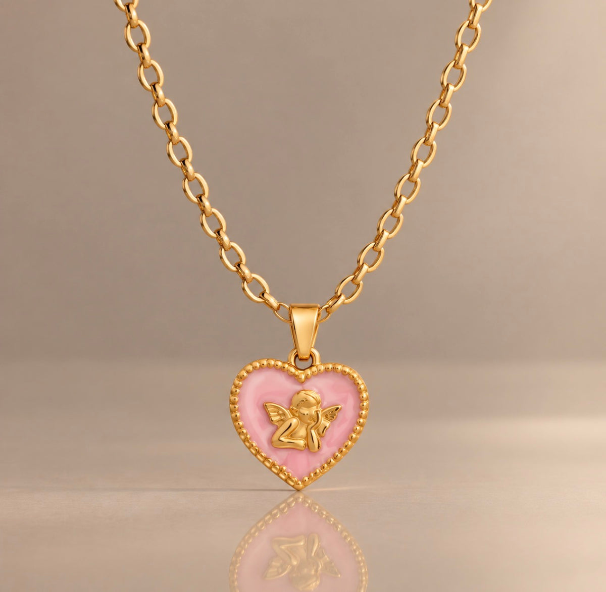The Angel Heart Necklace – Baby Pink & Gold, studio product photo