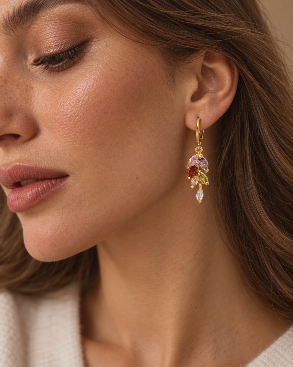 Aurora multicolor drop earrings worn in a warm natural portrait