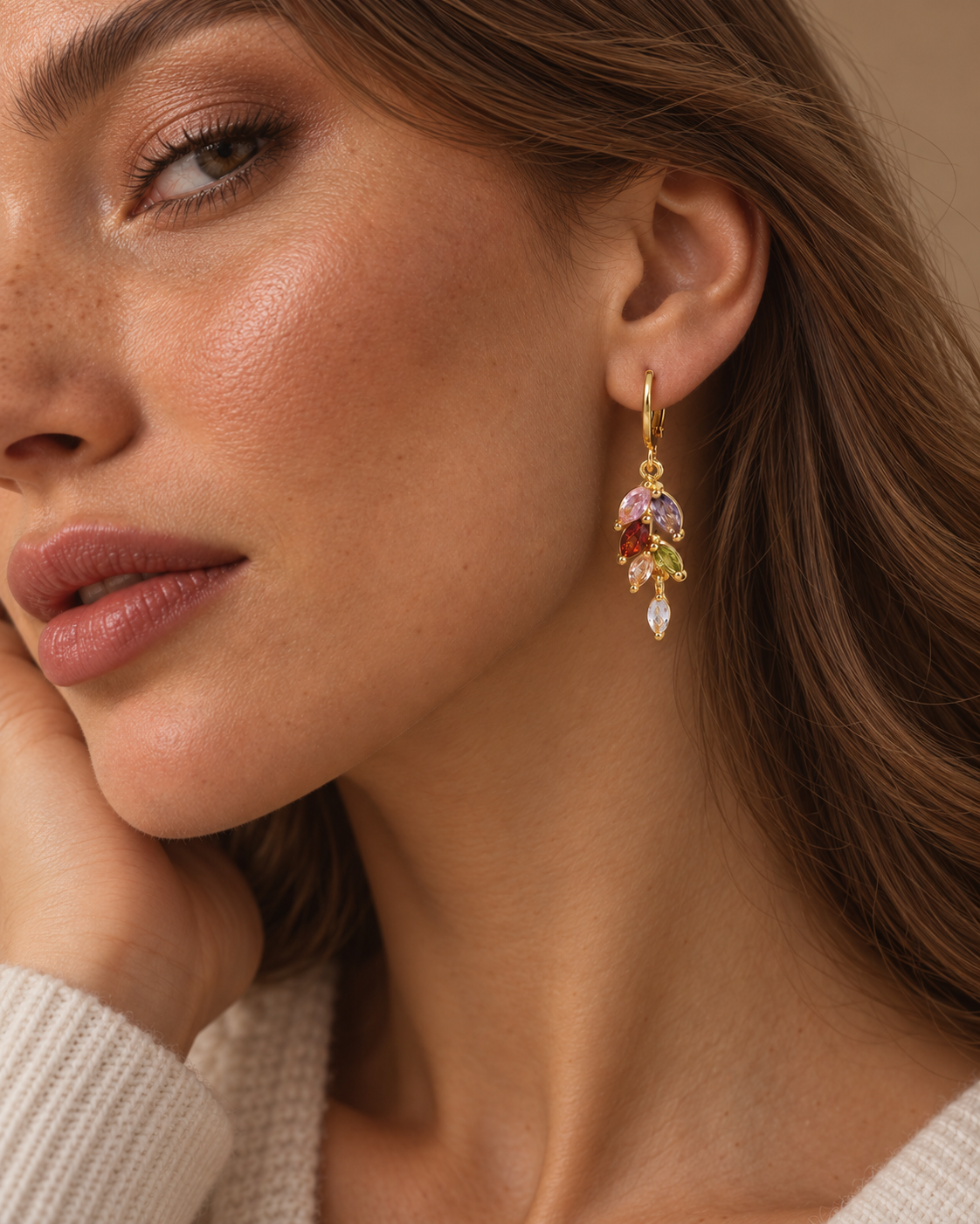 Aurora multicolor drop earring worn in a premium portrait