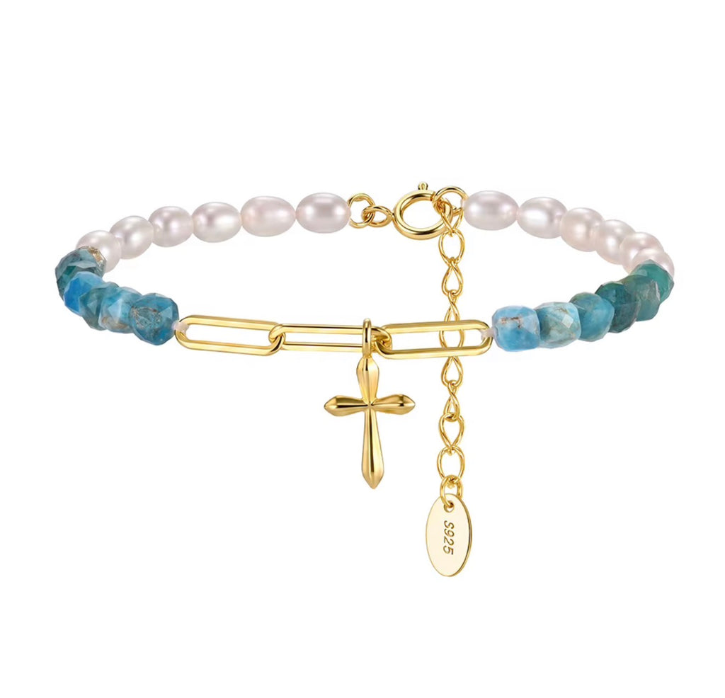 The Marfa Blue Apatite Cross Bracelet