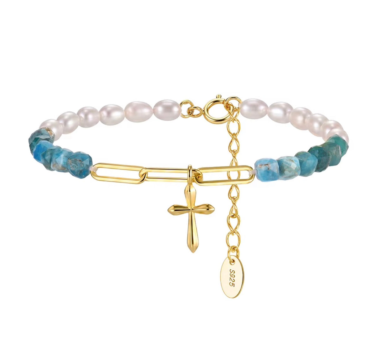 The Marfa Blue Apatite Cross Bracelet
