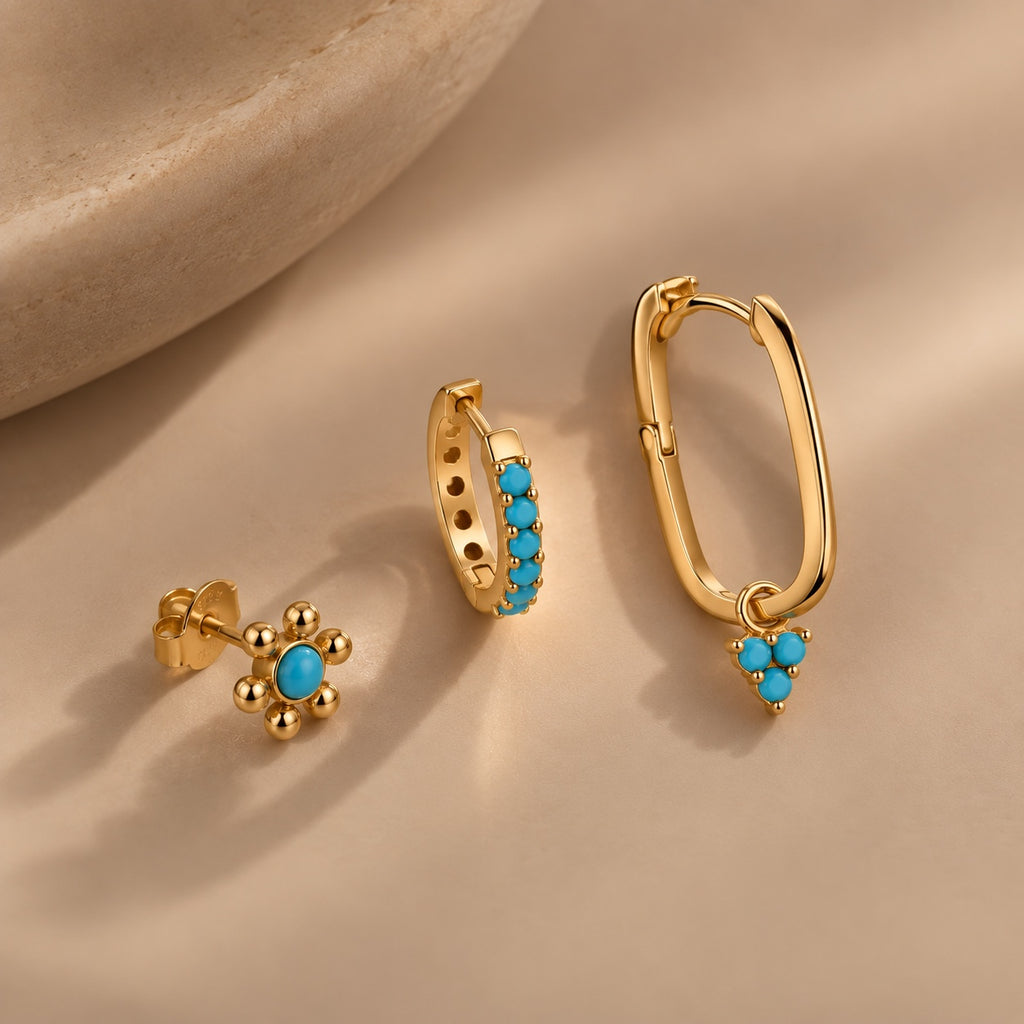 The Santa Fe Turquoise Earring Trio studio view