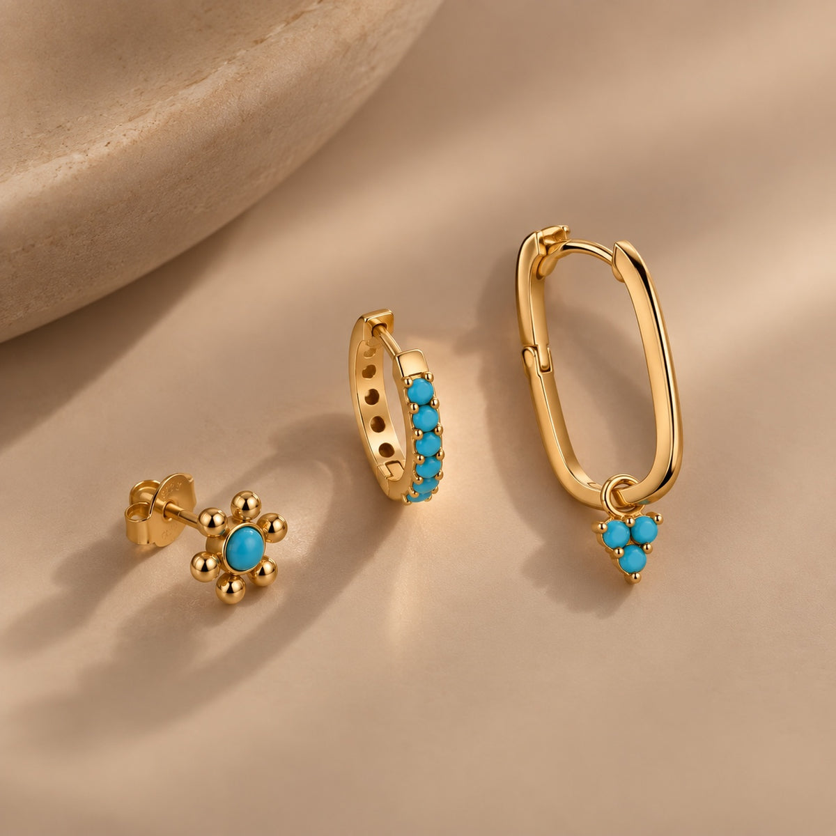The Santa Fe Turquoise Earring Trio studio view