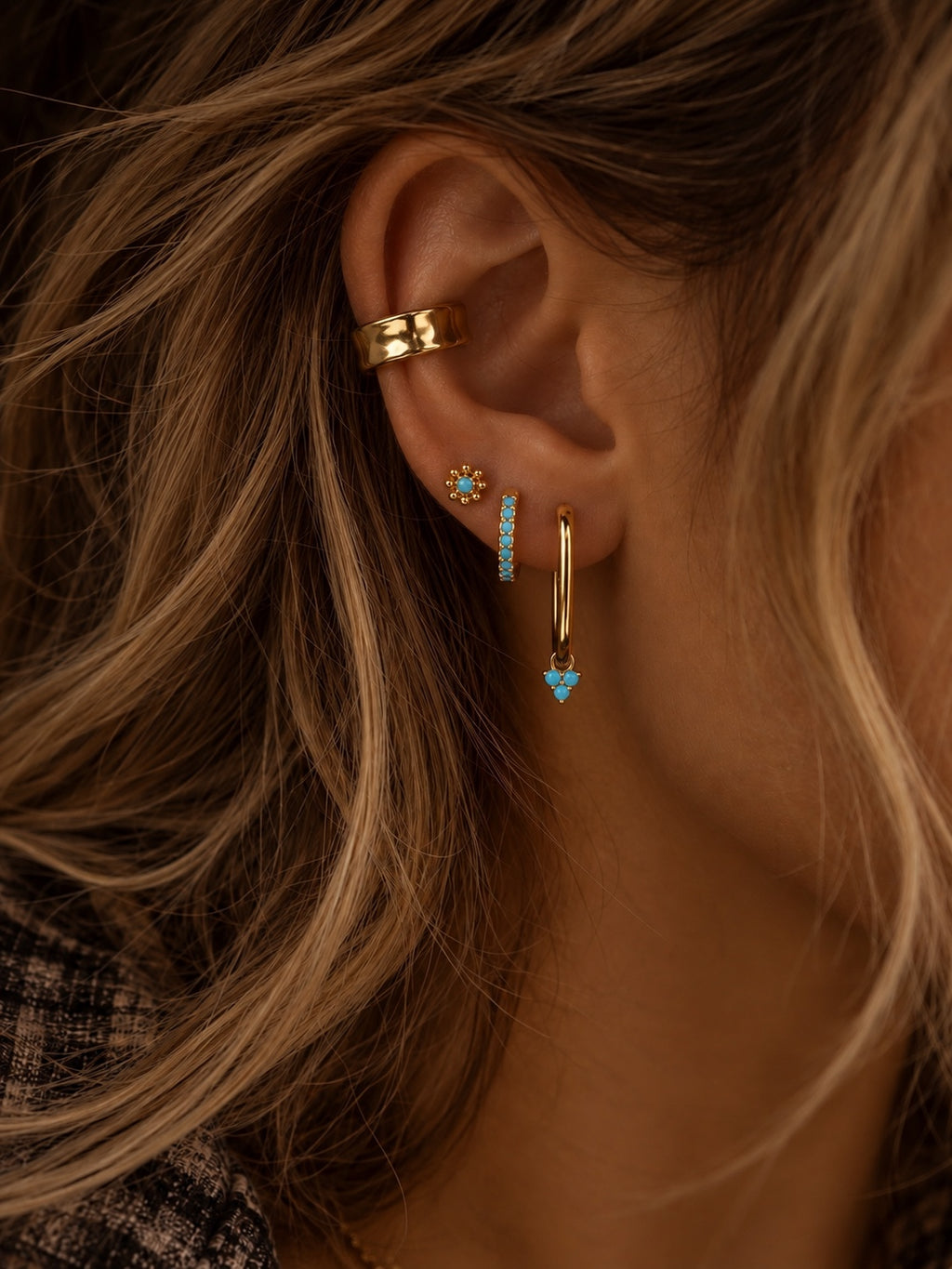 The Santa Fe Turquoise Earring Trio worn together