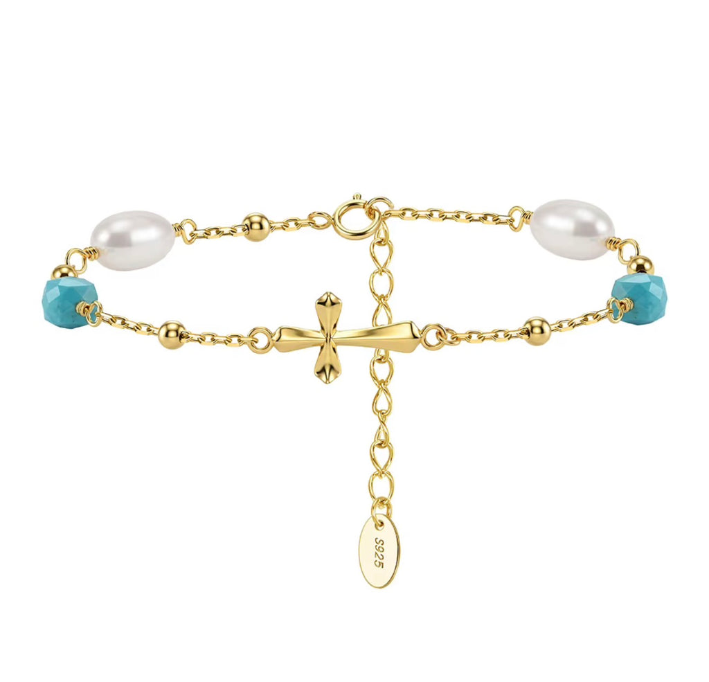 The Canyon Cross Bracelet in sterling silver 925 with turquoise and freshwater pearls