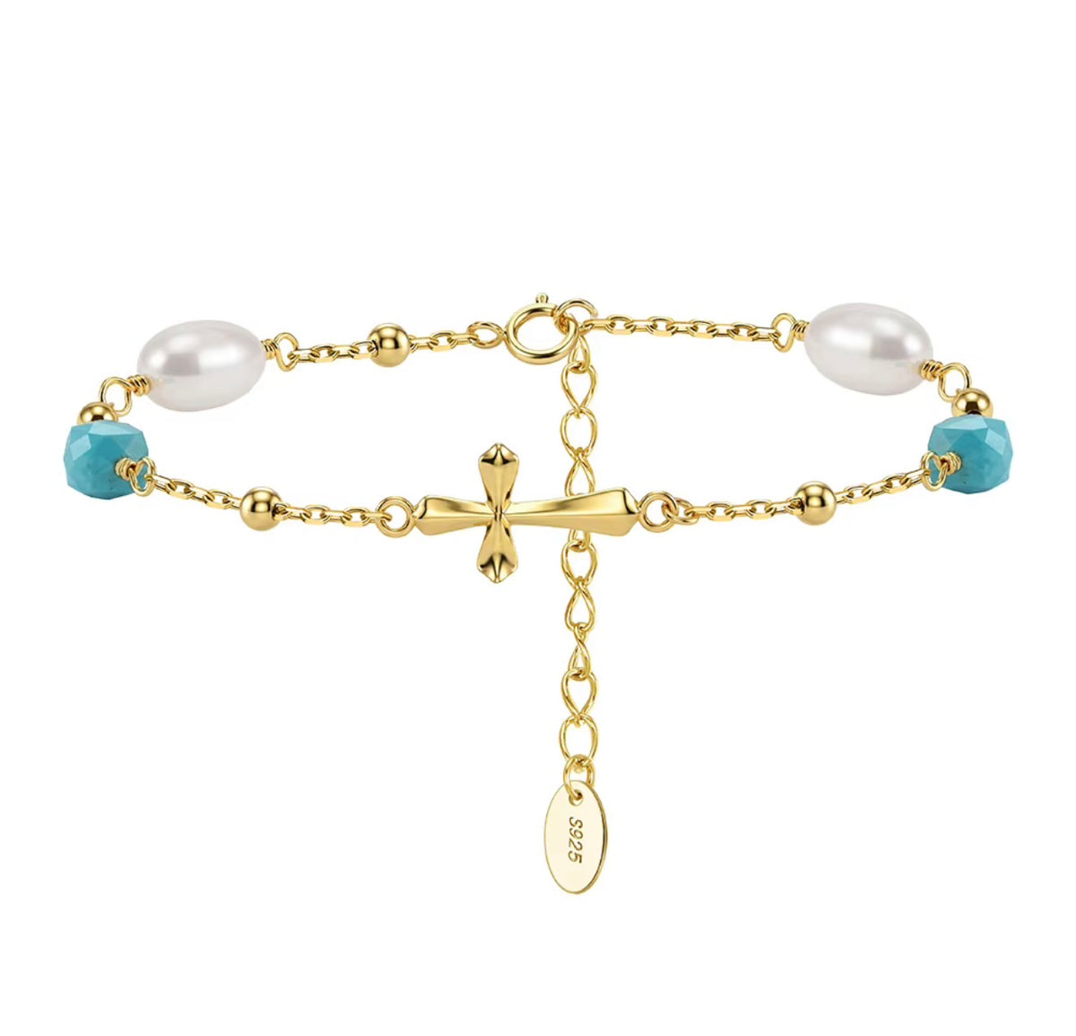 The Canyon Cross Bracelet in sterling silver 925 with turquoise and freshwater pearls
