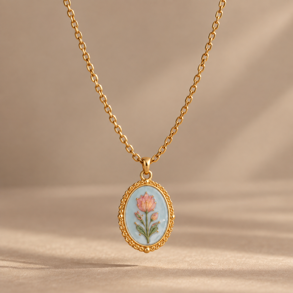 The Fleurie Hand-Painted Medallion Necklace – Blue Tulip, suspended product photo
