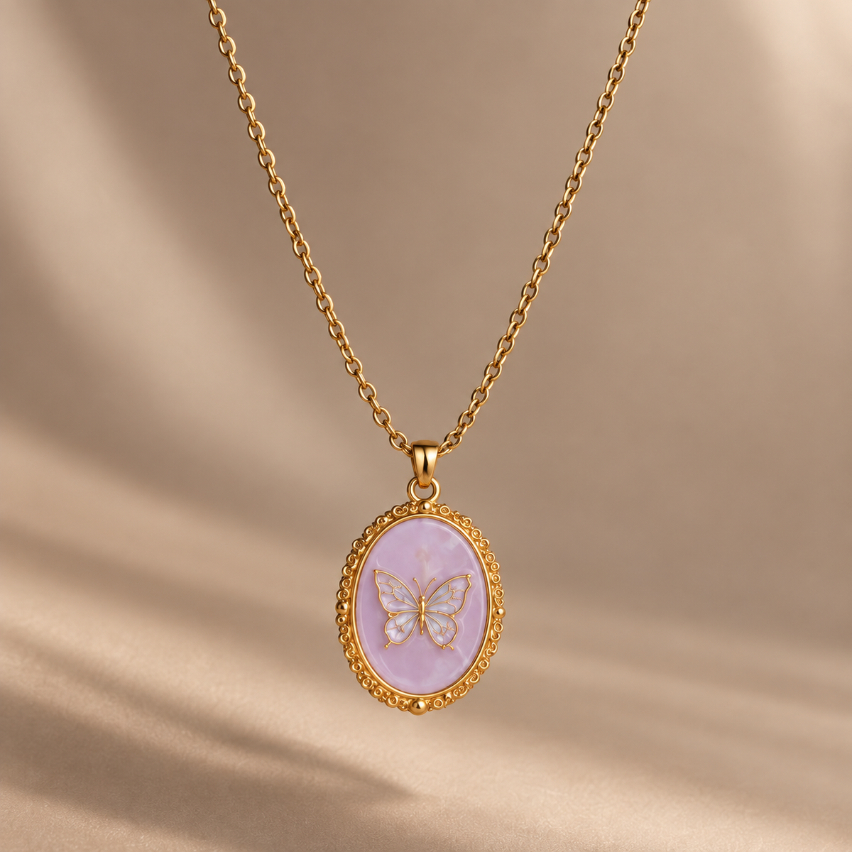 The Fleurie Hand-Painted Medallion Necklace – Lilac Butterfly, suspended product photo