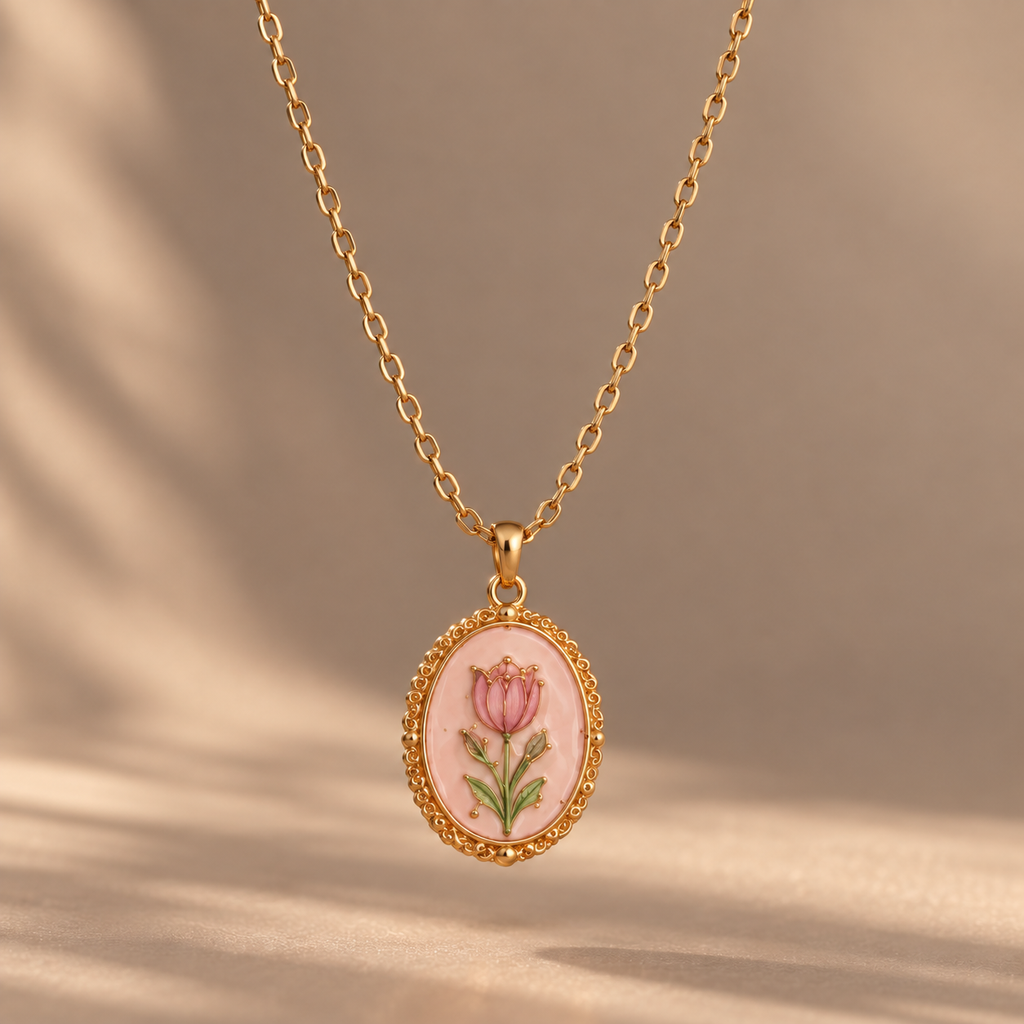 The Fleurie Hand-Painted Medallion Necklace – Pink Tulip, suspended product photo