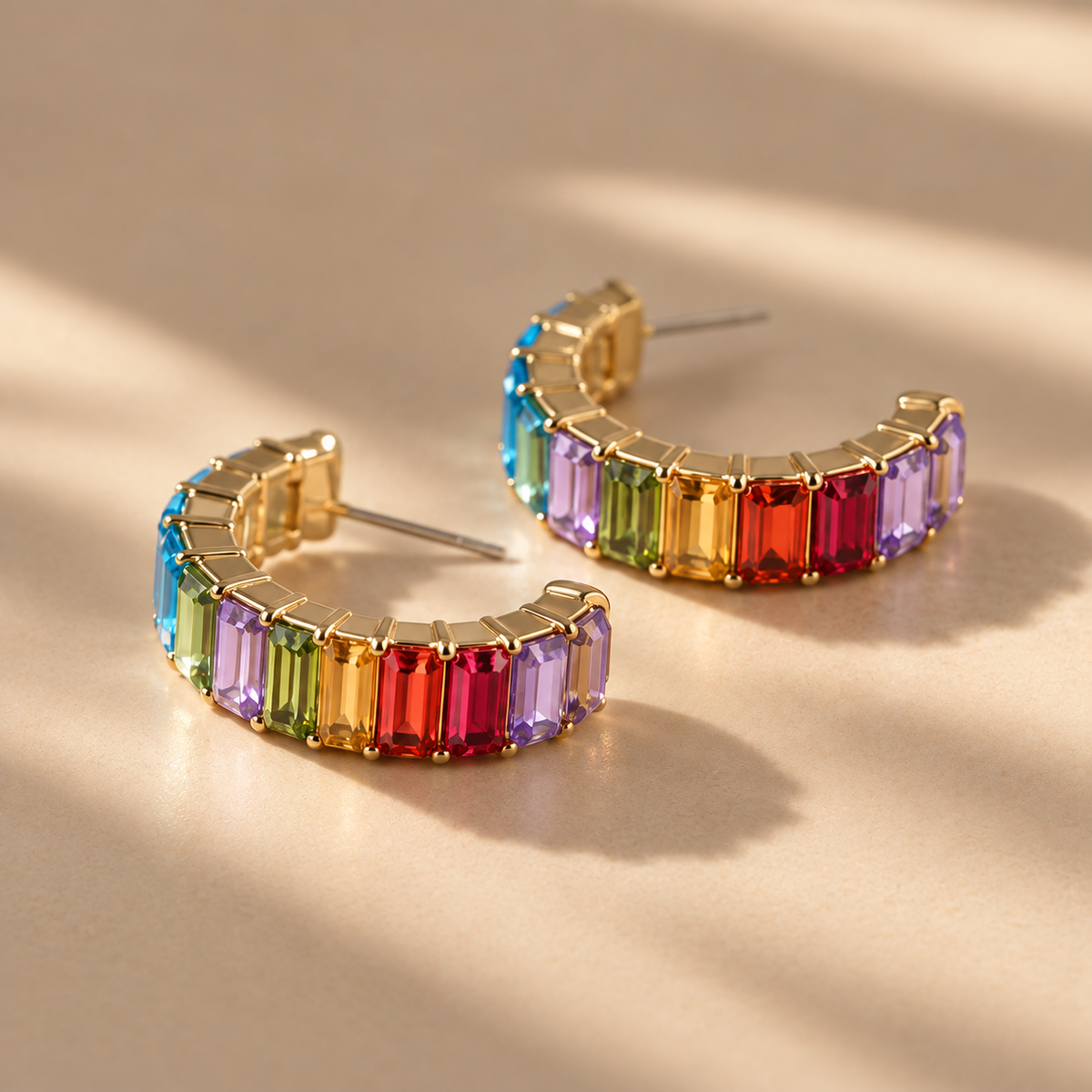 Gemnel Rainbow Baguette Hoops - multicolor gold