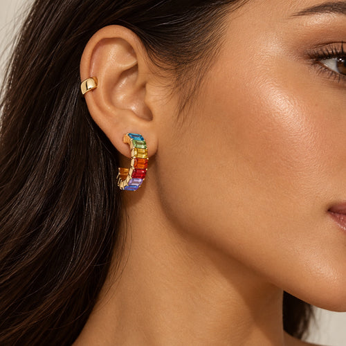 Gemnel Rainbow Baguette Hoops worn