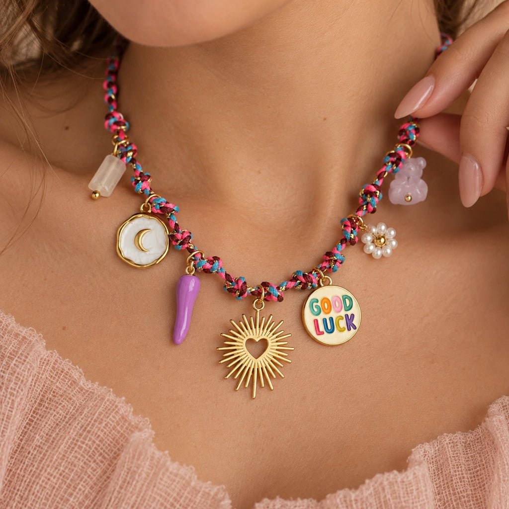 Good Luck charm necklace macro detail worn