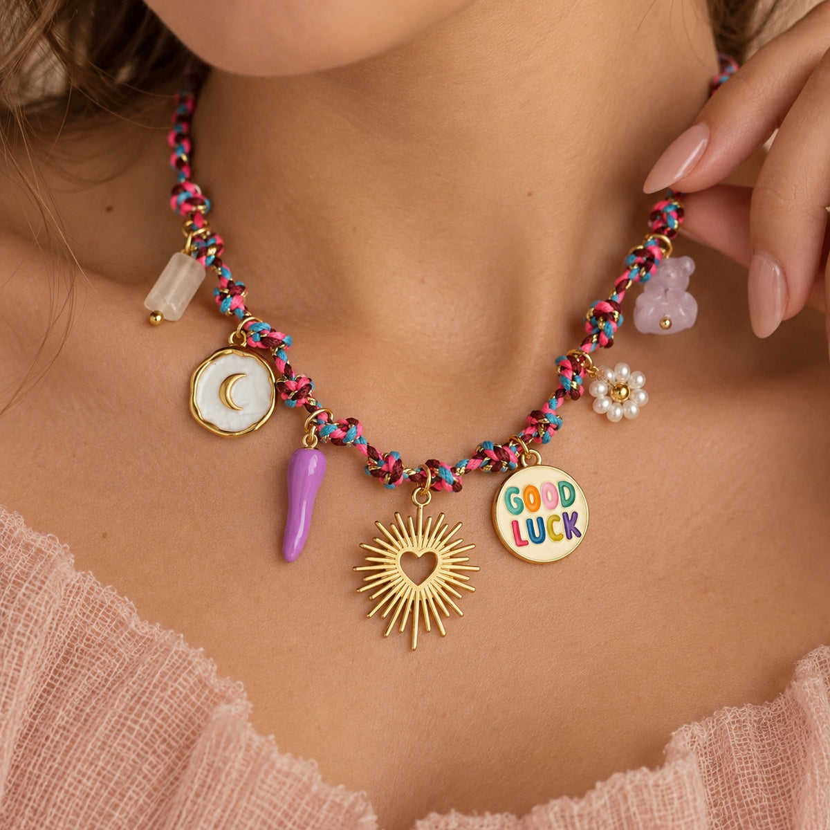 Good Luck charm necklace macro detail worn