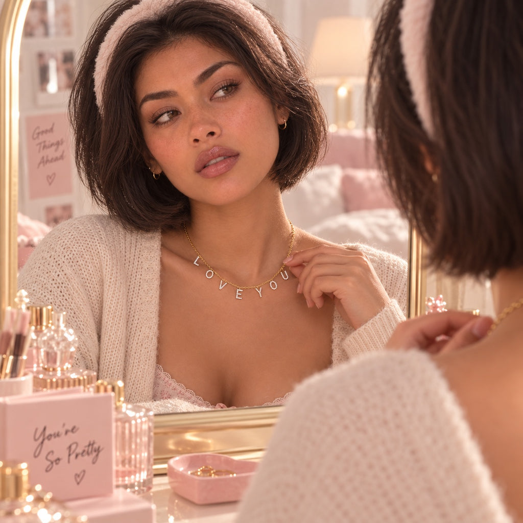 Collier personnalisé Livia porté devant un miroir