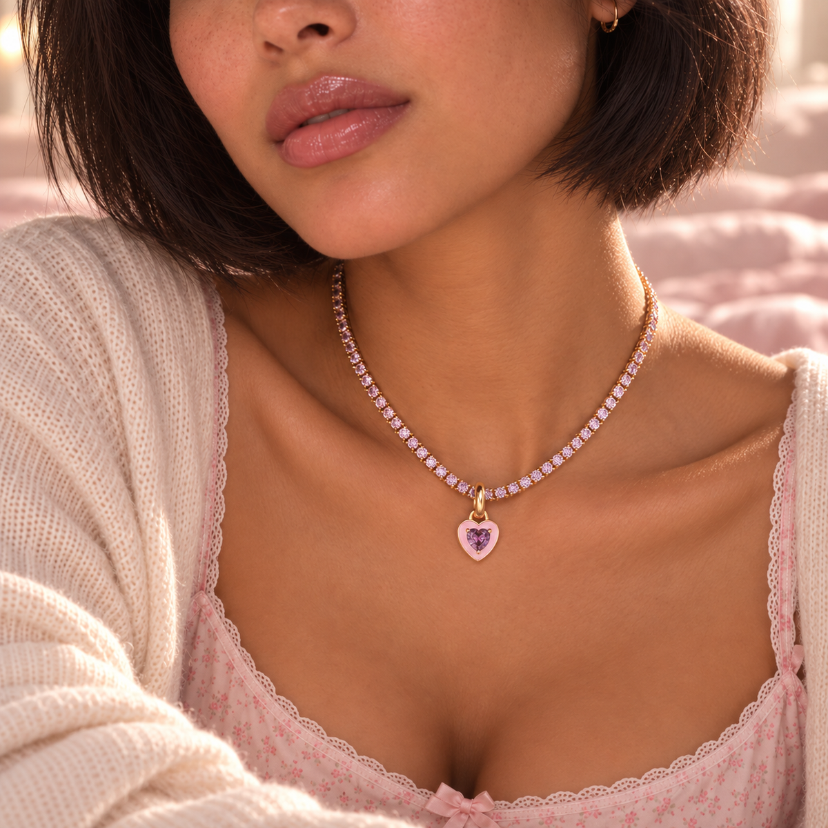 Detailed portrait of lavender and pink heart tennis necklace