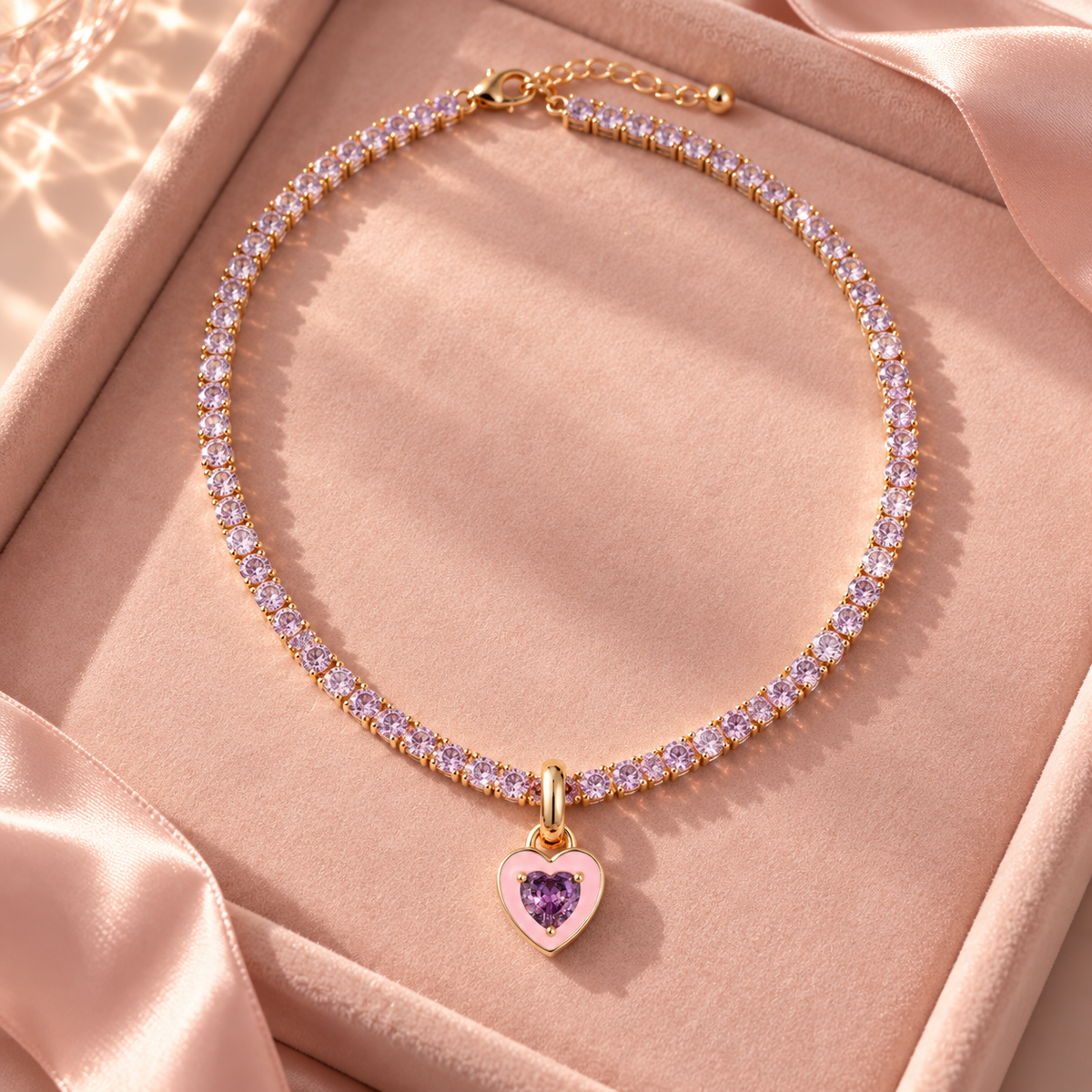 Macro product shot of lavender crystal tennis necklace and heart pendant