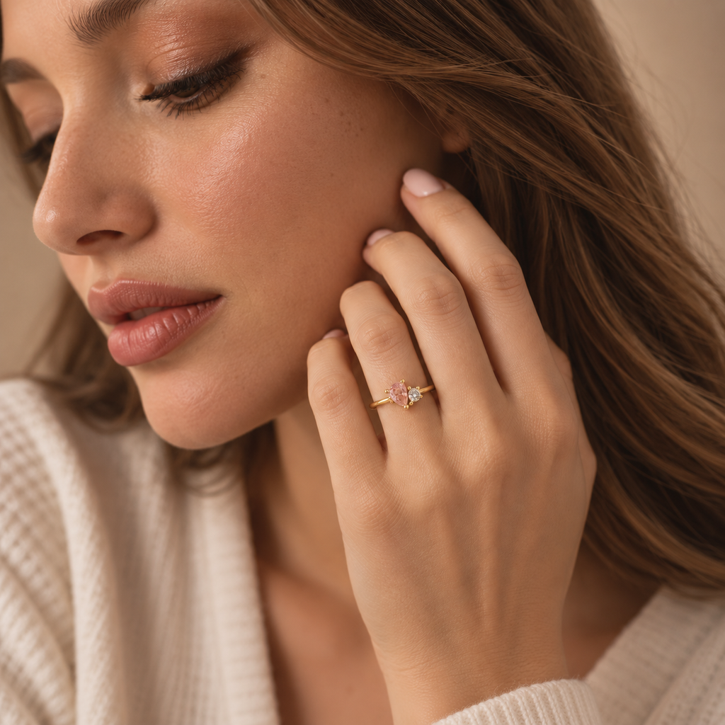 Mama & Baby birthstone ring worn in warm natural portrait
