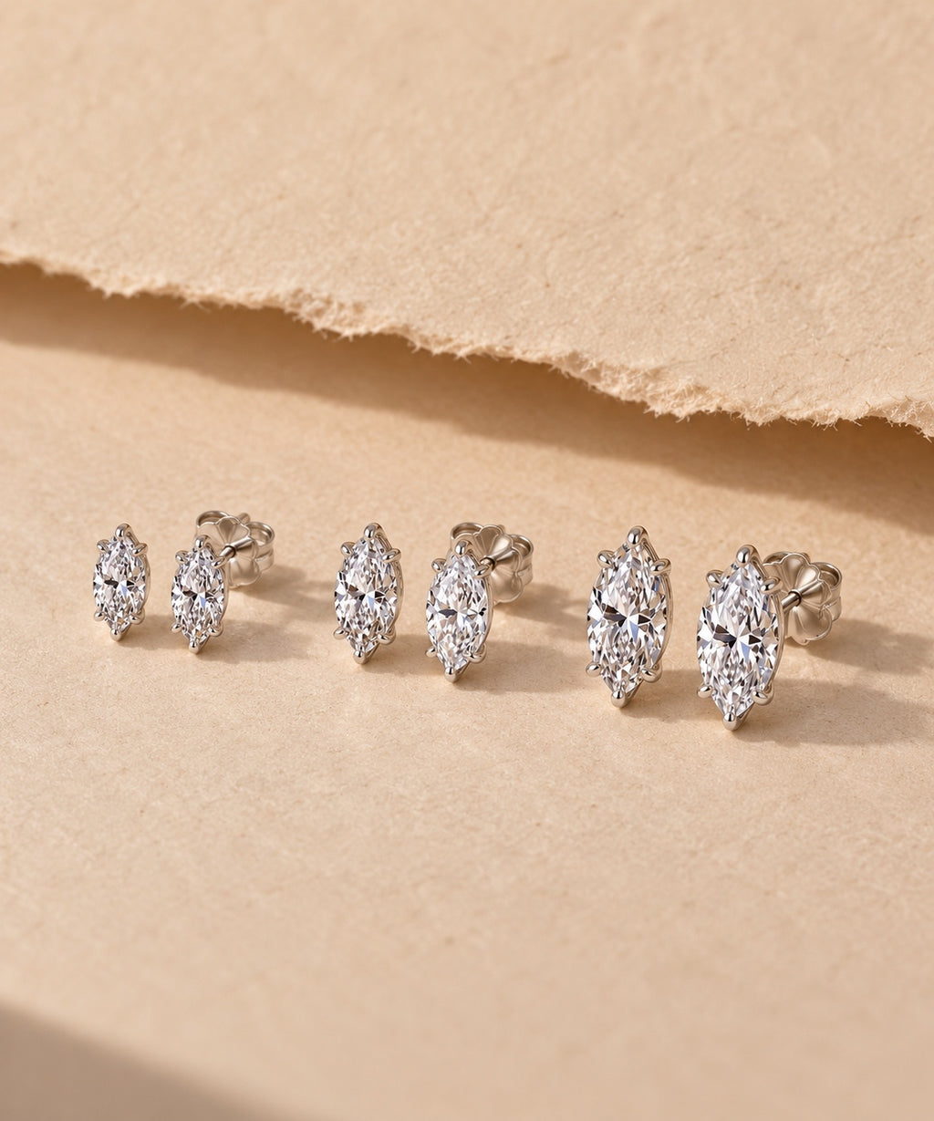 Marquise stud earrings in three sizes – silver