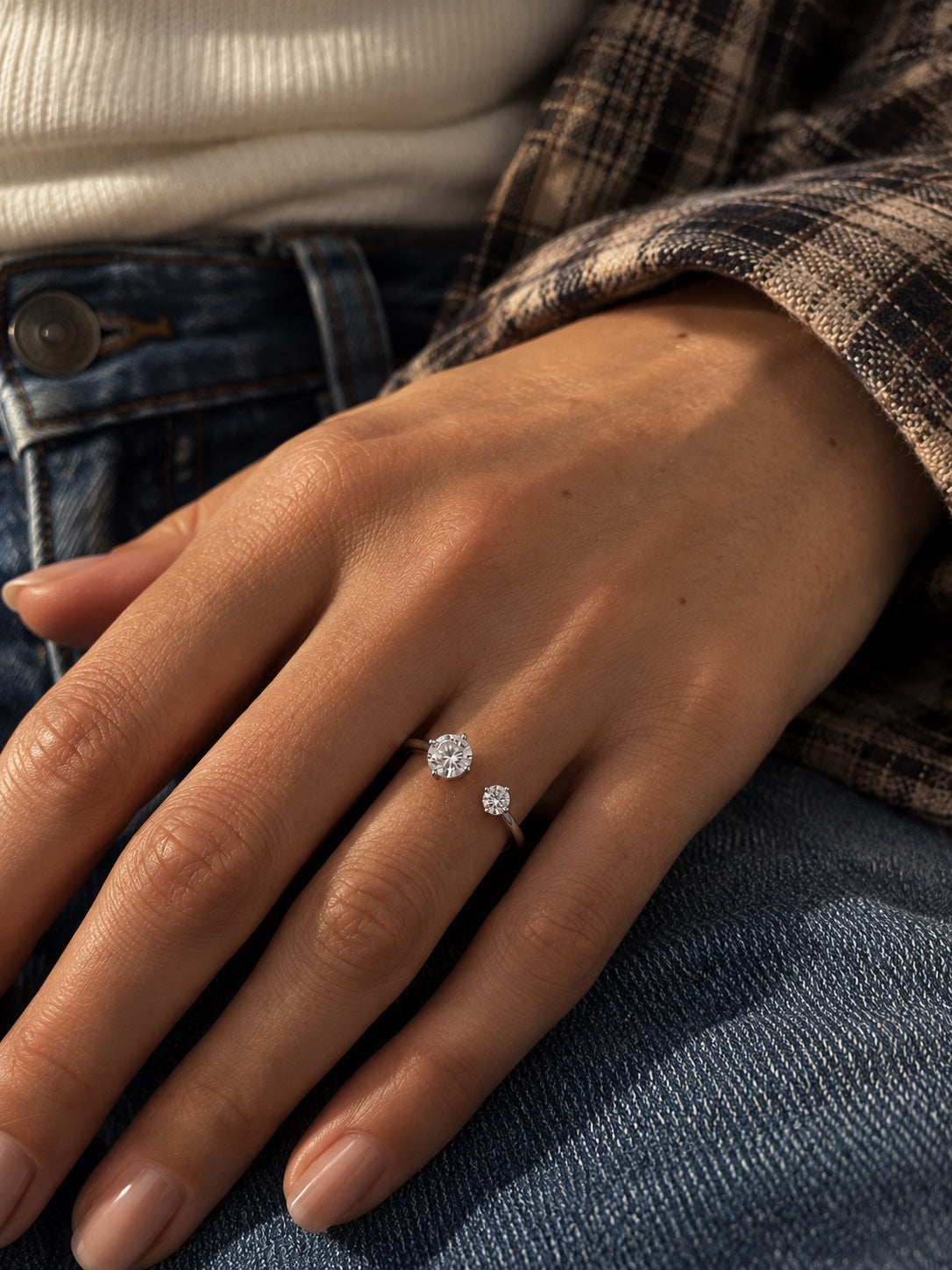 Lumi Two-Stone Ring in silver worn on hand
