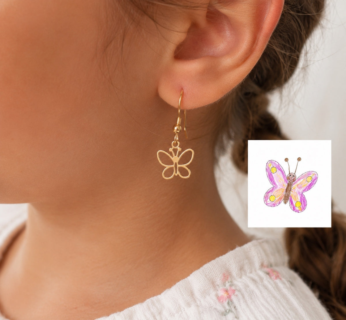 Gold butterfly earrings personalized from a child's drawing
