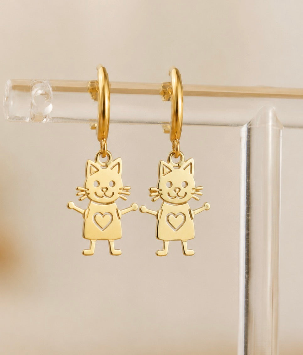Gold personalized cat earrings with small hoop attachment