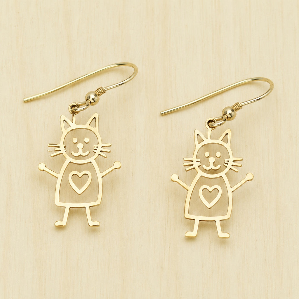 Gold cat earrings personalized from a child's drawing