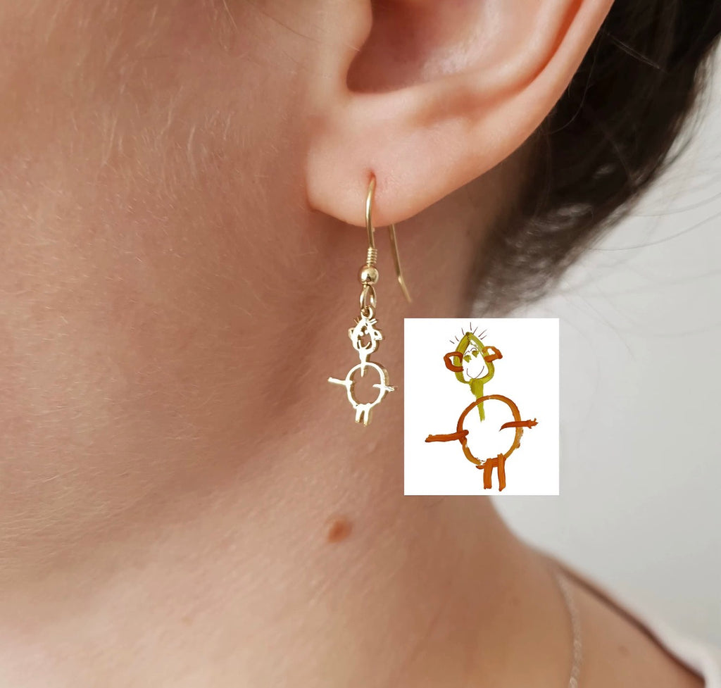 Personalized earrings made from a child's drawing in gold finish