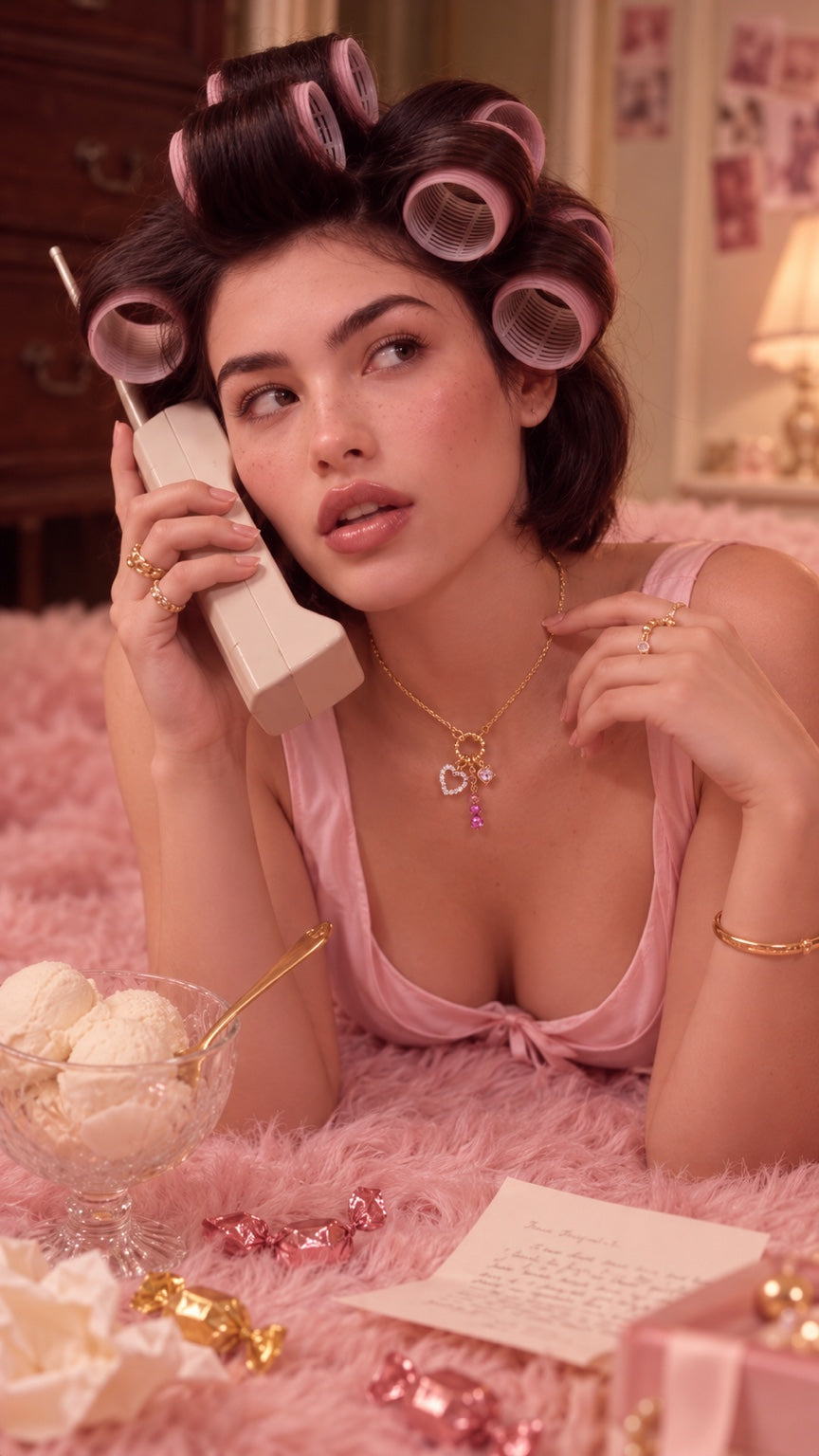 The Rosalie pink charm necklace styled in a feminine retro editorial scene