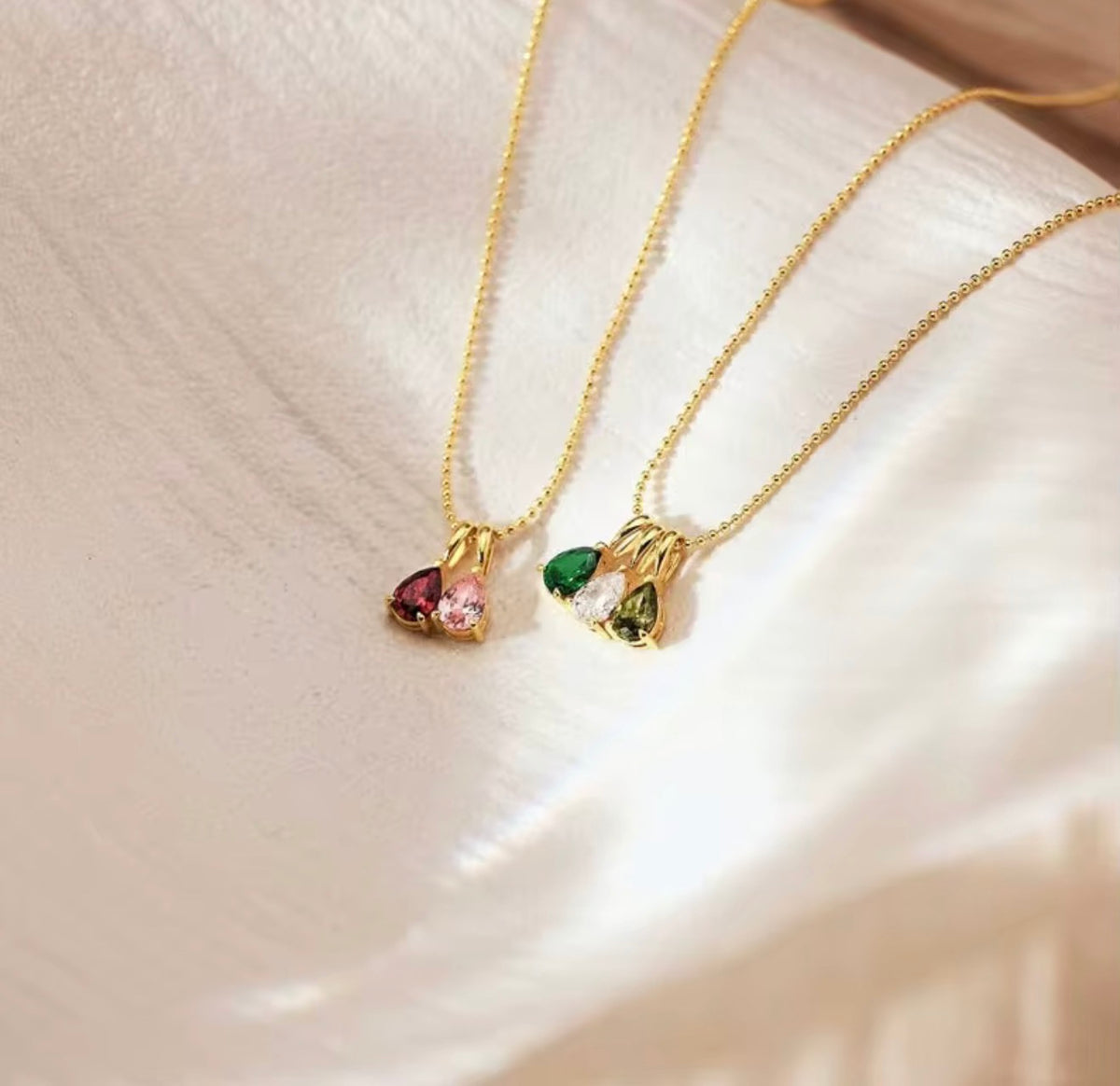The Rosie birthstone necklace shown with two and three stone combinations