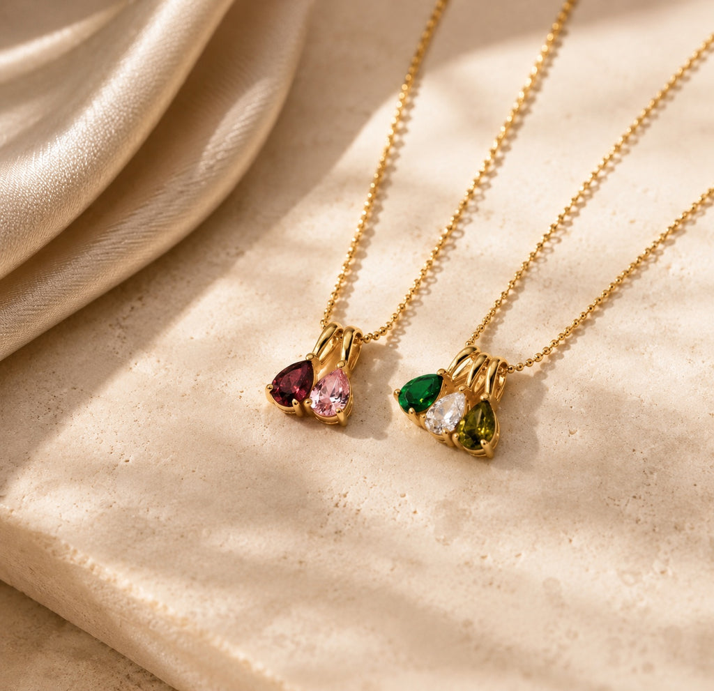 The Rosie birthstone necklace styled with two and three gemstone combinations