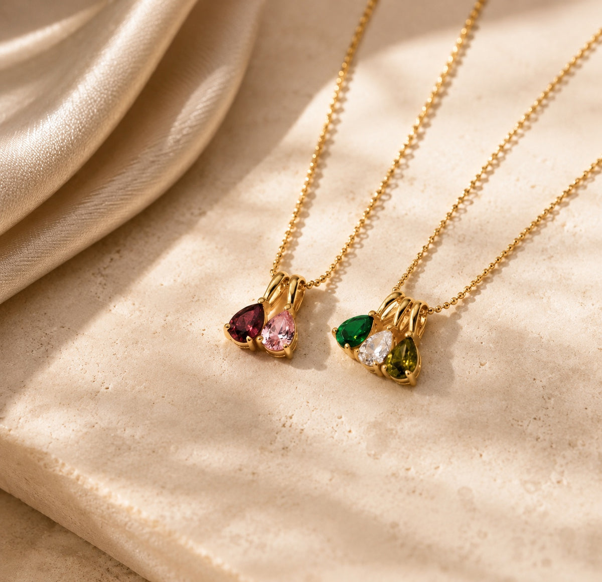 The Rosie birthstone necklace styled with two and three gemstone combinations