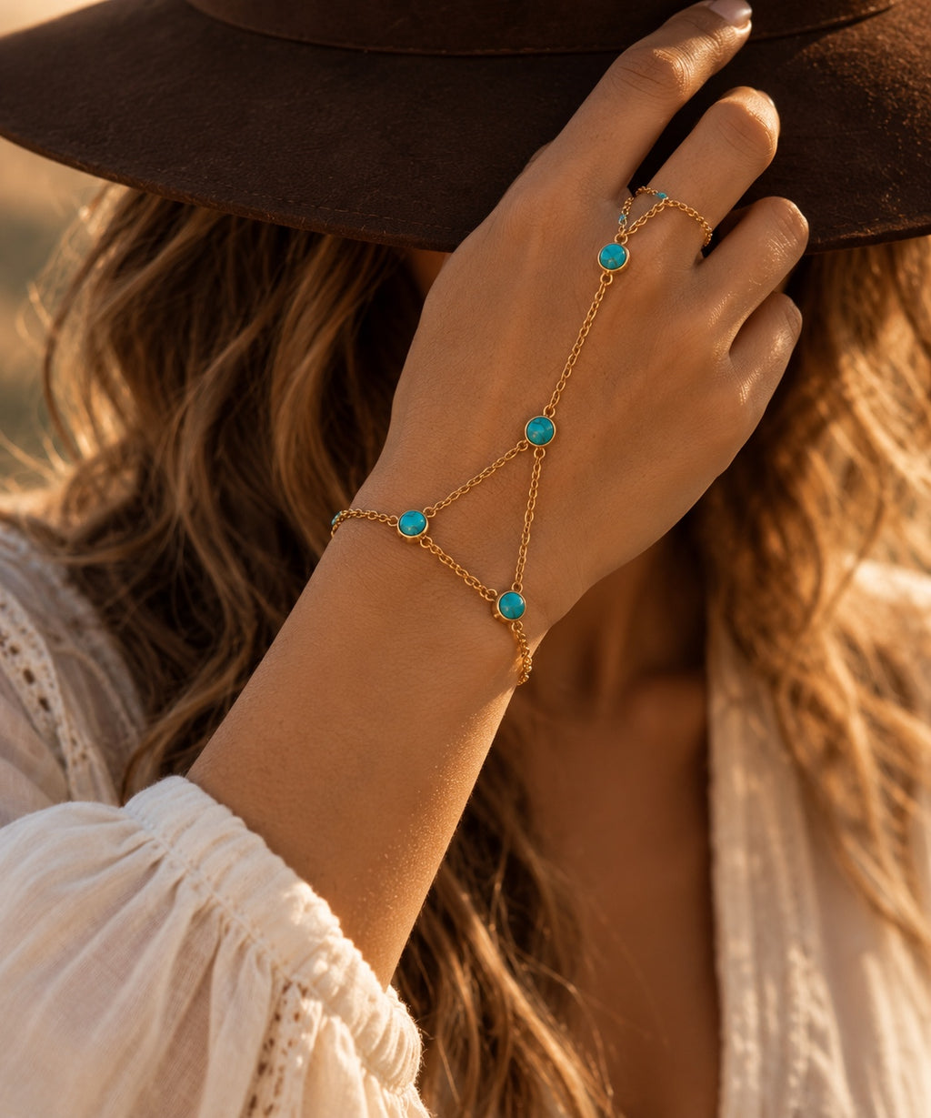 Sienna turquoise stainless steel hand chain bracelet