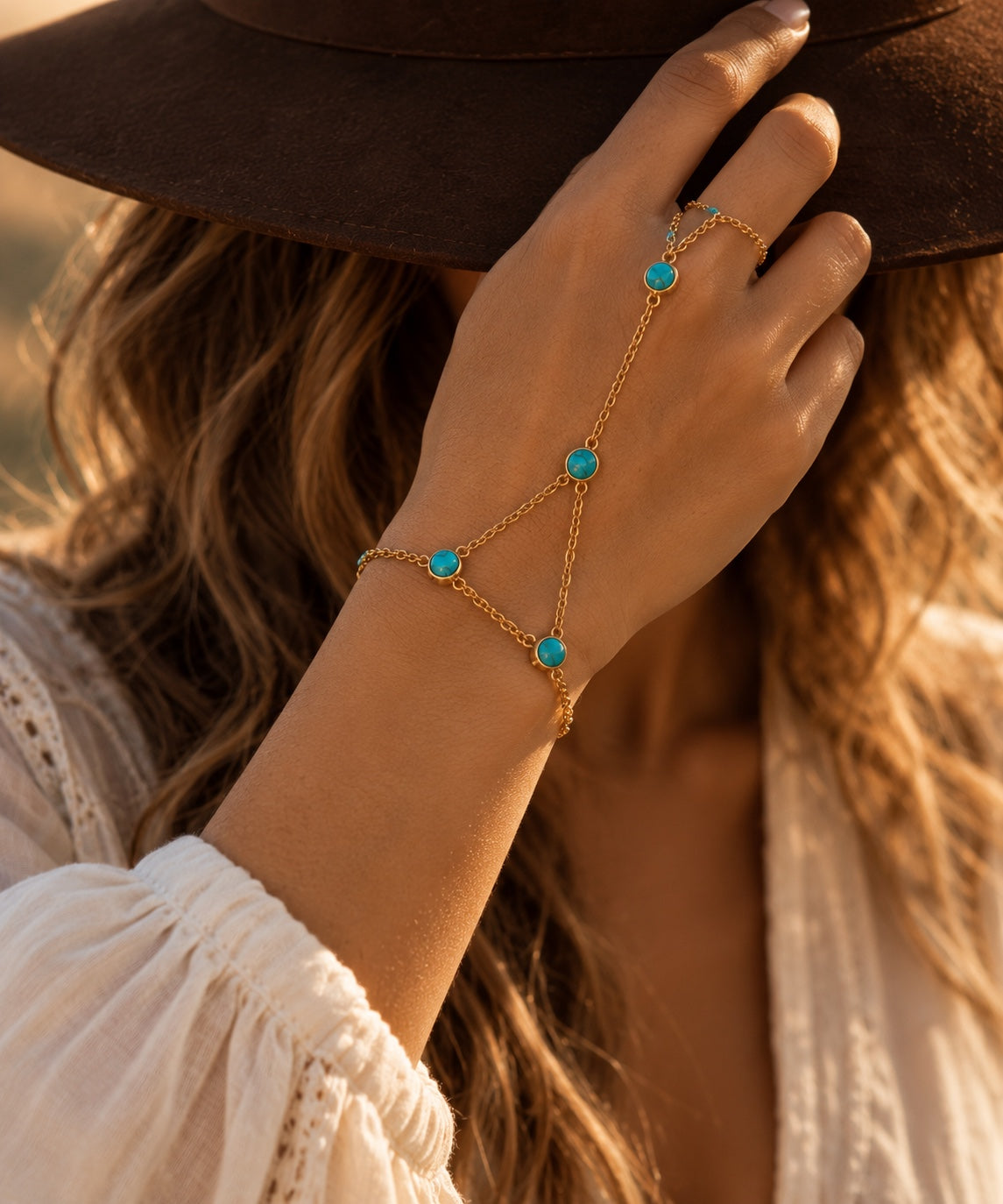 Sienna turquoise stainless steel hand chain bracelet
