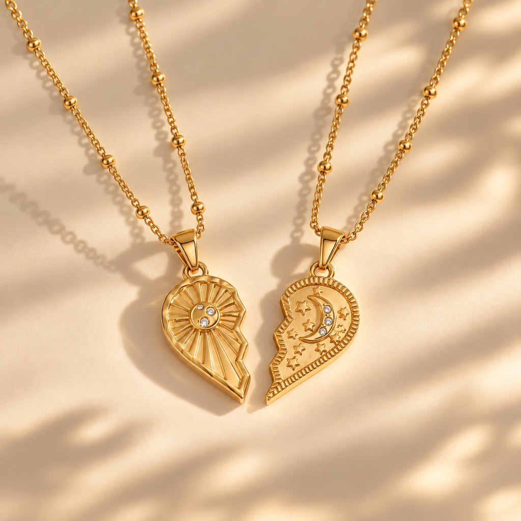 The Solstice Heart Duo necklace set - separated sun and moon halves