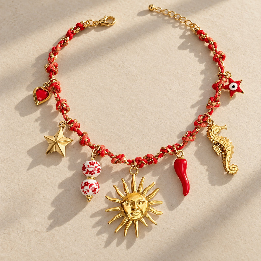 Collier Sunny Luck rouge et doré à plat