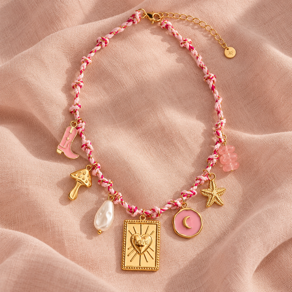 The Sweetheart Club pink and gold charm necklace