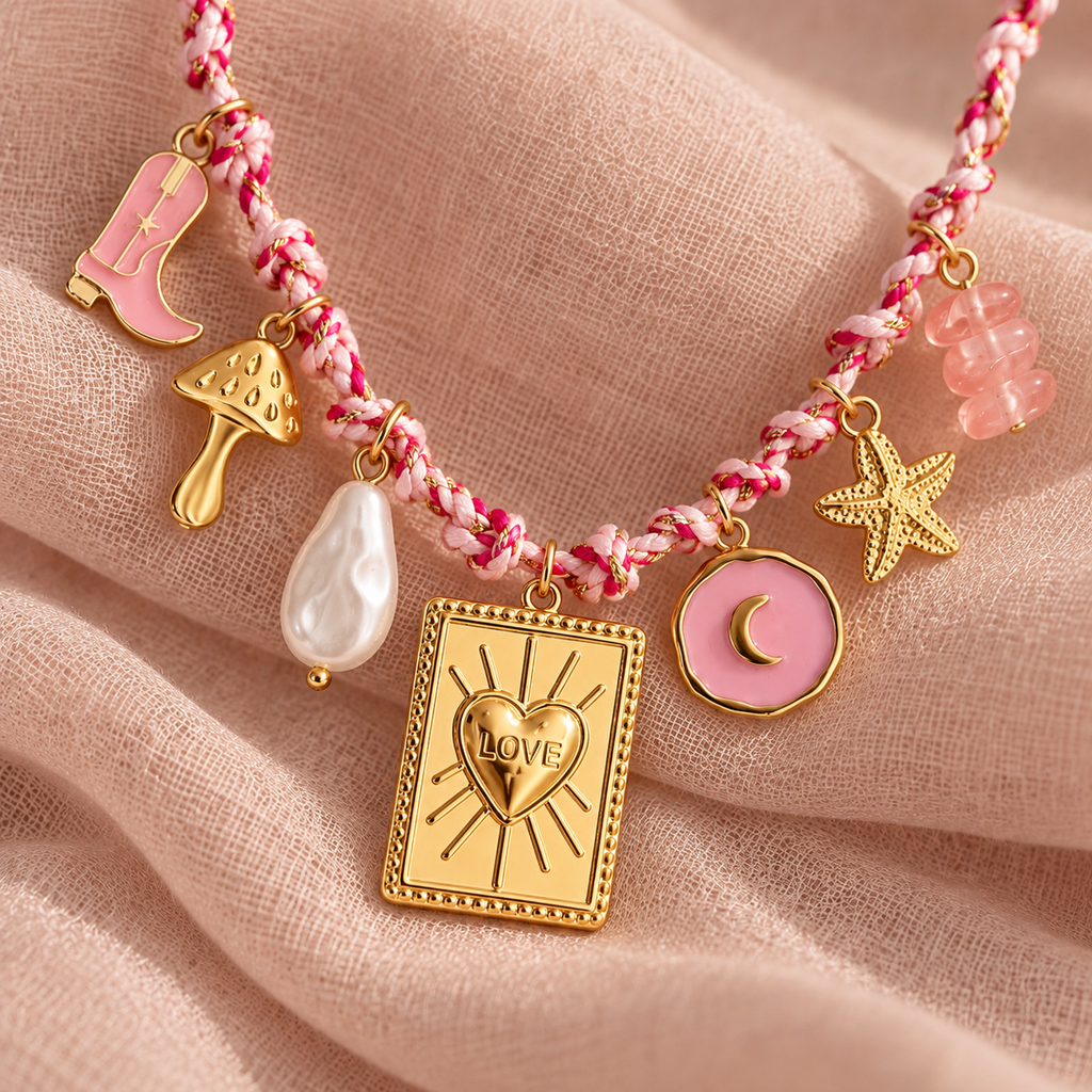 Close-up of pink and gold charm necklace on blush linen