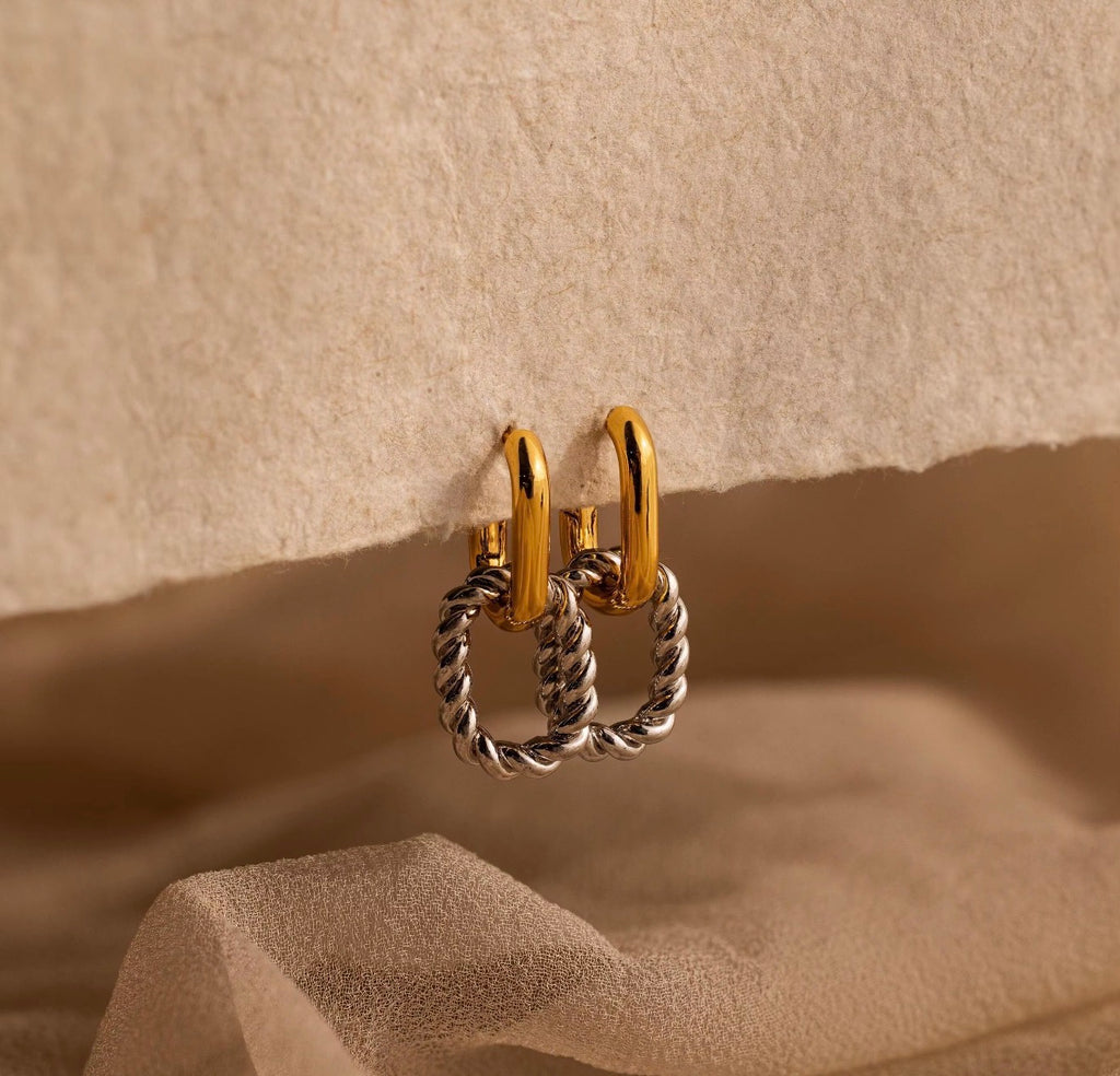 Two-tone gold and silver twisted link hoop earrings