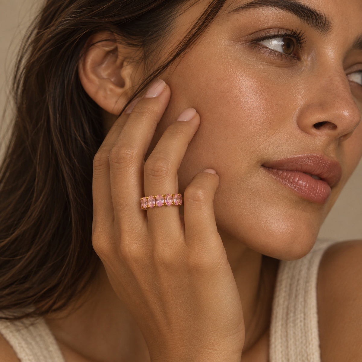 Gemline pink oval zircon ring worn by model