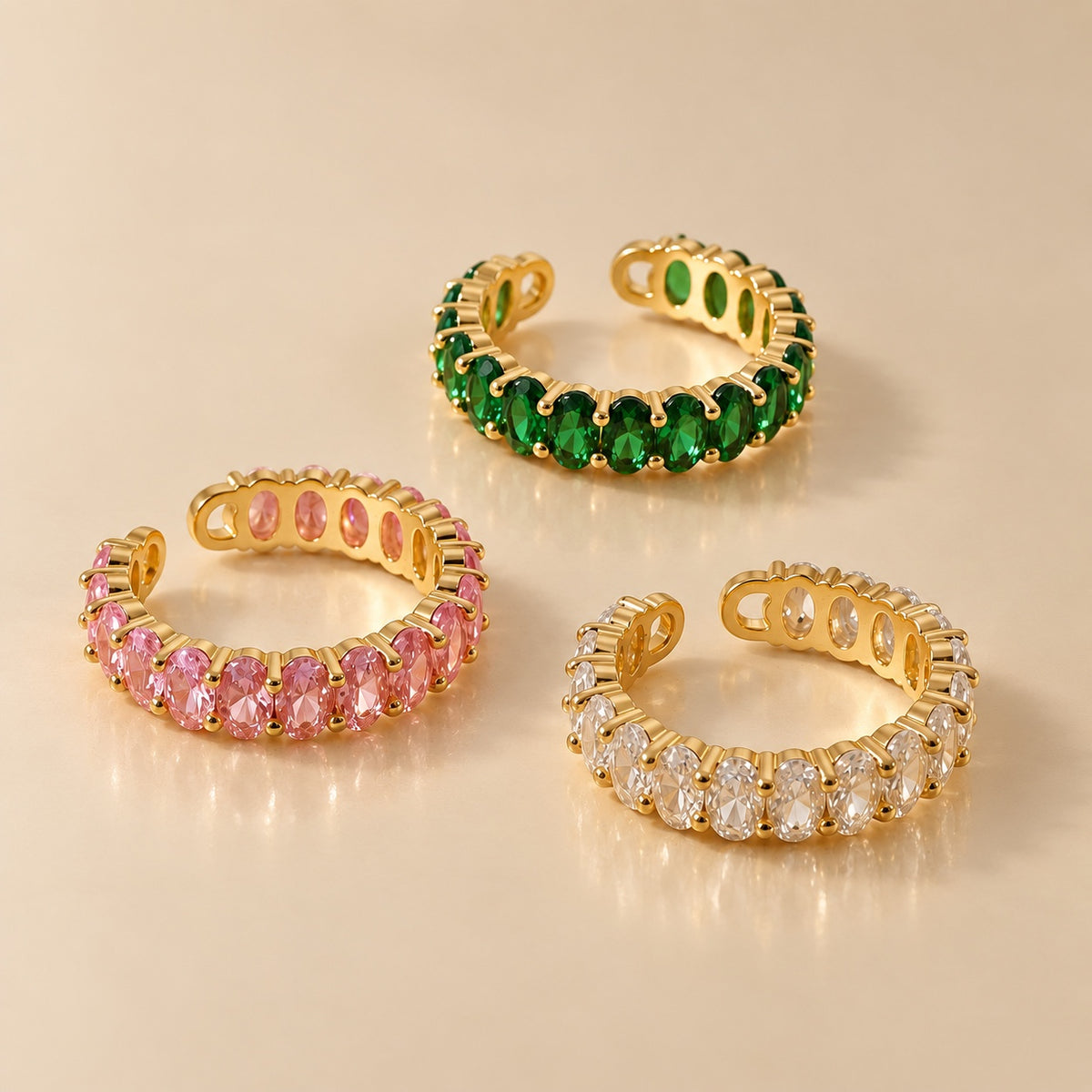 Gemline adjustable oval zircon rings in green, pink and clear