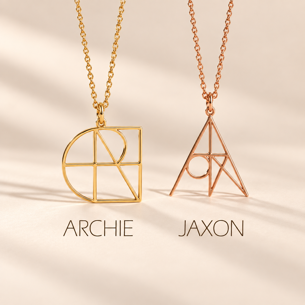 Personalized geometric name necklaces in gold and rose gold