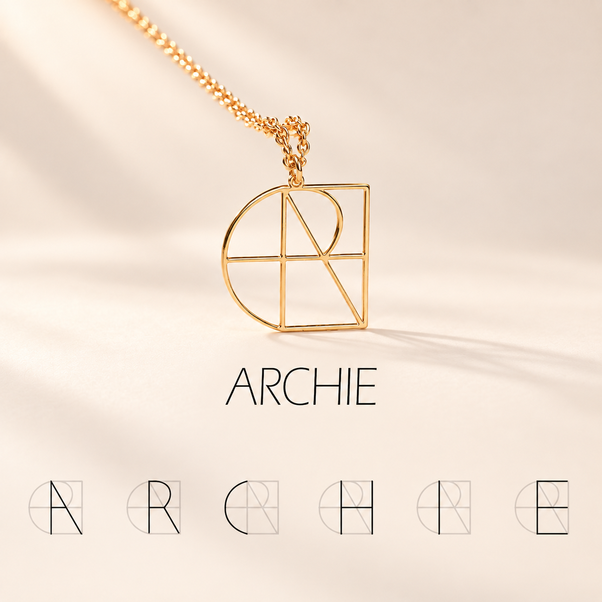 Personalized geometric name necklace in gold, Archie design